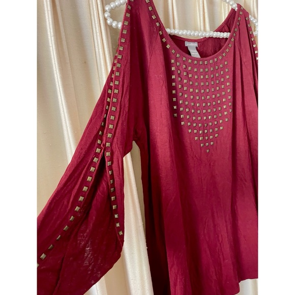 Burgundy Red Women's Cold Shoulder Top with Studded Design L - Picture 4 of 4